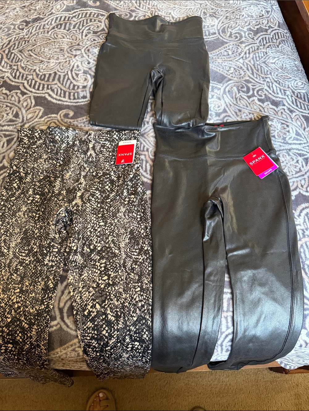 SPANX Black Faux-Leather and Snake-Print Shaping Leggings Trio